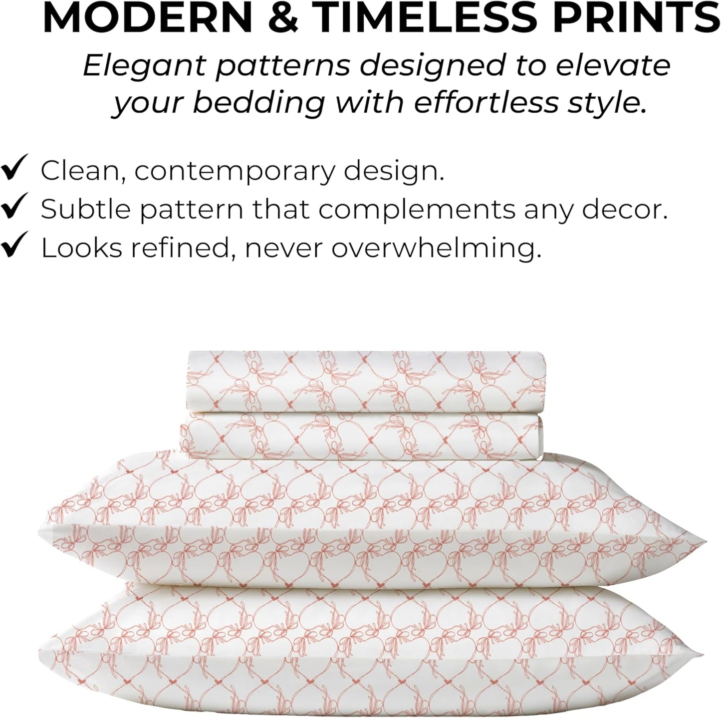 Full Size Fitted Sheet with 18" Deep Pockets, Flat Sheet - Percale Weave Natural - Breathable 100% Cotton Bedding, 1 Fitted Sheet + 1 Flat Sheet + 2 Pillowcases - Pink Bows Print