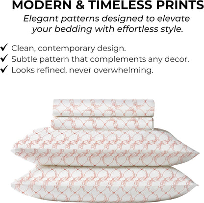 Full Size Fitted Sheet with 18" Deep Pockets, Flat Sheet - Percale Weave Natural - Breathable 100% Cotton Bedding, 1 Fitted Sheet + 1 Flat Sheet + 2 Pillowcases - Pink Bows Print