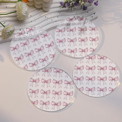 Pink Drink Coasters with Pink Bow Pattern, Set of 2,Cute Table Coasters for Home Decor (Pink White)