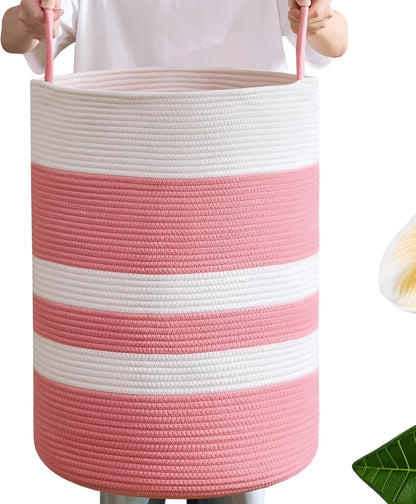80L Extra Large Pink Hamper Tall Laundry Basket for Girls Kids Nursery Hamper for Baby Woven Cotton Rope Laundry Basket for Little Girls Room Bedroom, 16x22 Inches