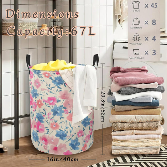 Colorful Pink Blue Flower Laundry Hamper,Floral Collapsible Laundry Basket with Handles Waterproof Storage Bin for Clothes Books Organizer Basket for Bedroom Bathroom Dormitories 16" x 20.8"