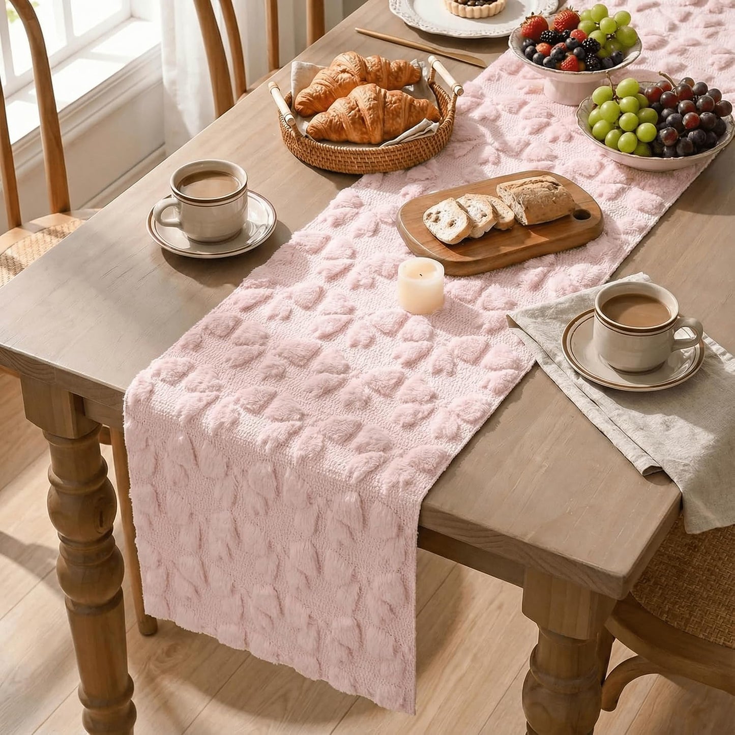 Artoid Mode Pink Soft Plush Faux Fur Jacquard Bows Table Runner, Valentine's Kitchen Dining Table Decoration for Home Party Decor 13x72 Inch
