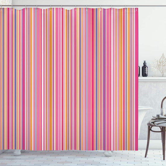 Lunarable Geometric Shower Curtain, Colorful Vertical Stripes Arrangement Abstract Ornamental Line Design, Cloth Fabric Bathroom Decor Set with Hooks, 69" W x 70" L, Pink Peach