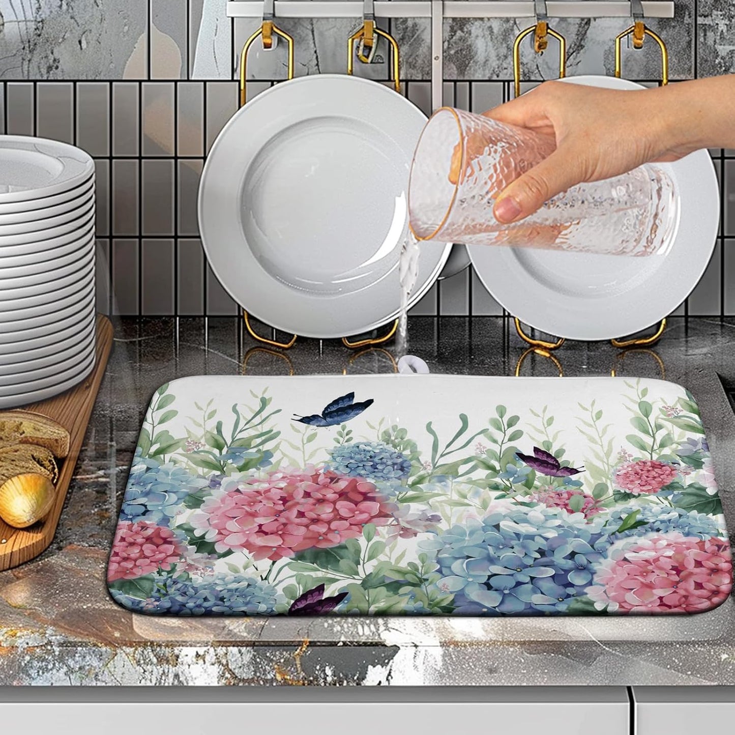 Spring Flowers Dish Drying Mat for Kitchen Counter Blue Pink Hydrangea Floral Drying Mats Absorbent Reversible Microfiber Dish Draining Mat Reusable Washable Dishes Pad Medium 16"x18"