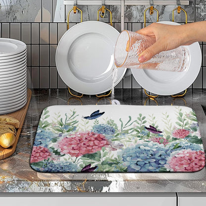 Spring Flowers Dish Drying Mat for Kitchen Counter Blue Pink Hydrangea Floral Drying Mats Absorbent Reversible Microfiber Dish Draining Mat Reusable Washable Dishes Pad Medium 16"x18"