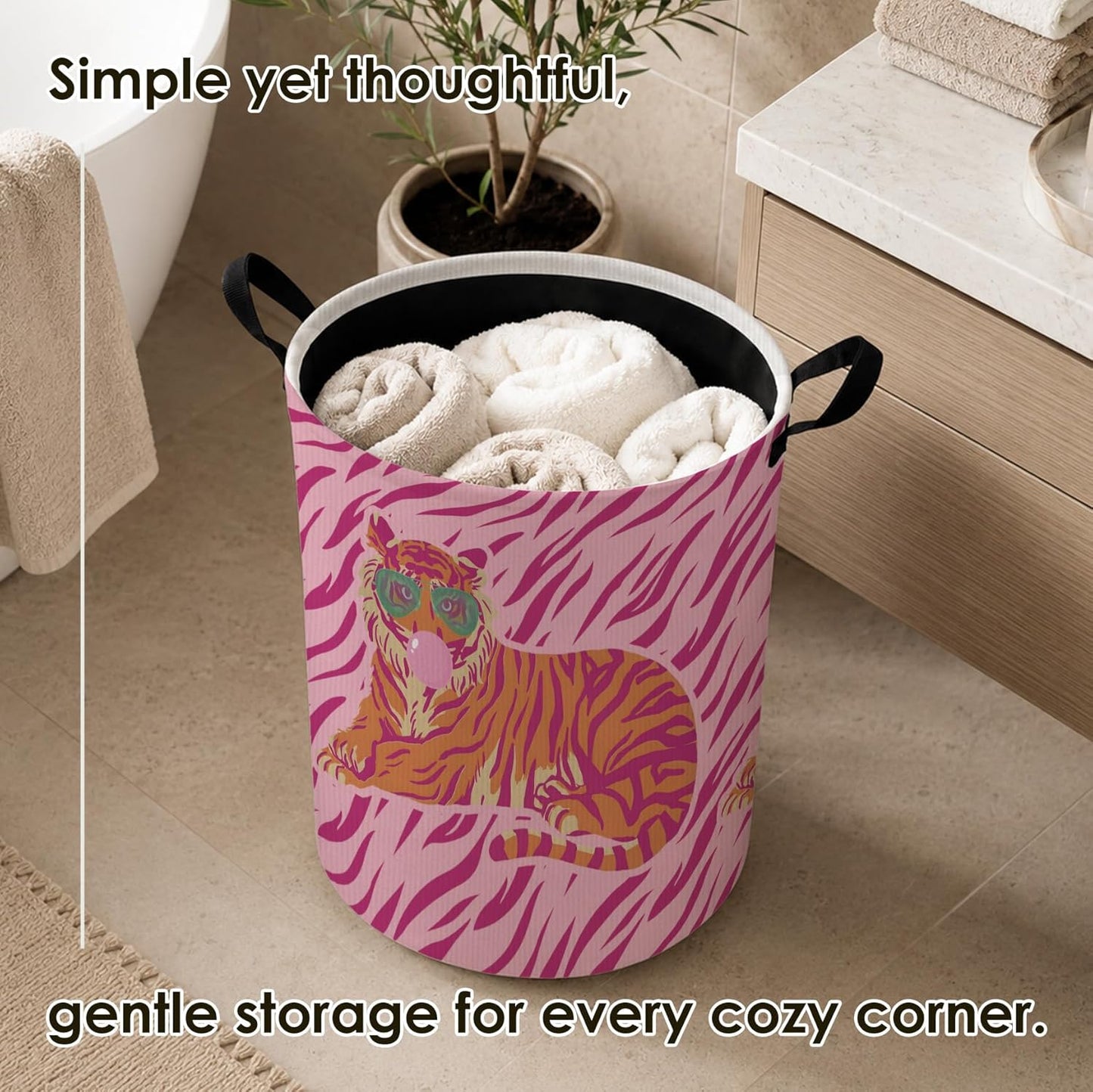 Trendy Pink and Orange Tiger Laundry Basket with Handles, Preppy Tiger with Sunglasses Laundry Hamper Waterproof Collapsible Clothes Toys Storage Organizer for Girls Dorm Bedroom Bathroom