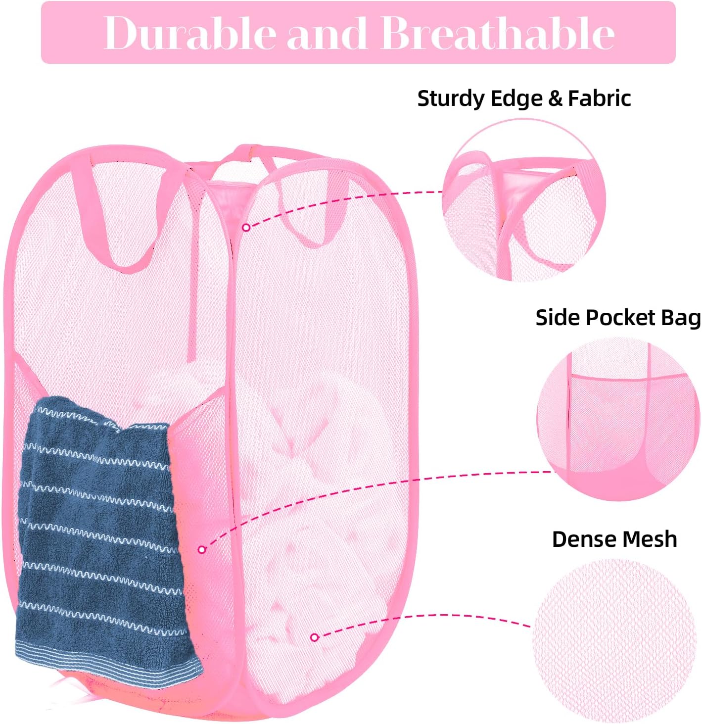 Durable Collapsible Laundry Baskets - Reinforced Mesh Pop Up Laundry Hamper with Side Pocket, Foldable Clothes Storage Hamper with Carry Handles for Laundry, Bathroom, Kids Room, Dorm or Travel Pink