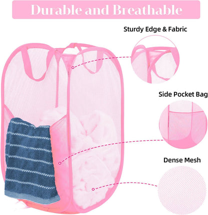 Durable Collapsible Laundry Baskets - Reinforced Mesh Pop Up Laundry Hamper with Side Pocket, Foldable Clothes Storage Hamper with Carry Handles for Laundry, Bathroom, Kids Room, Dorm or Travel Pink