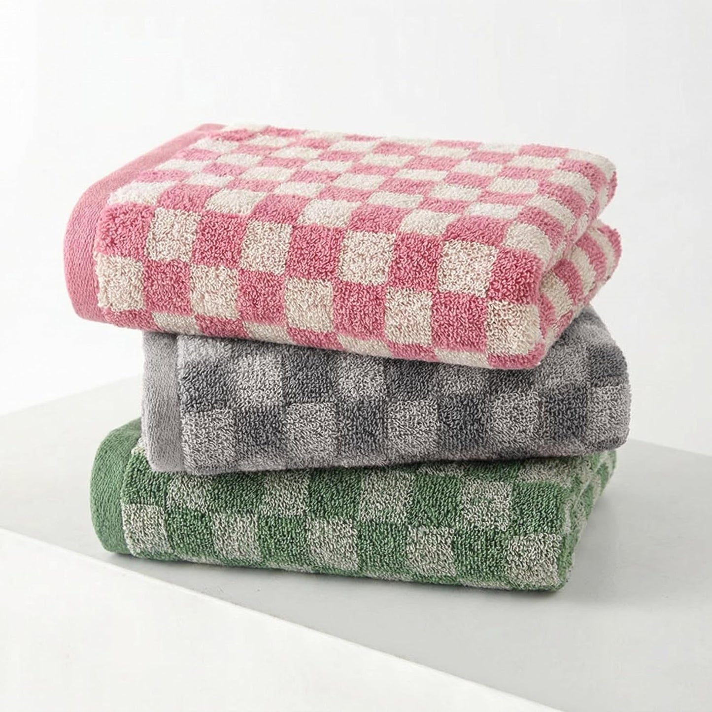 3 Piece Checkered Hand Towels for Bathroom in Pink Gray Green, Soft Absorbent Cotton Face Towels Bath Towels with Buffalo Checkered Pattern,Towel Set for Kitchen, 13"×30"