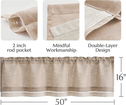 jinchan Farmhouse Linen Valance for Living Room Windows 16 Inch Slubbed Crossed Double Layer Window Valance Light Filtering Rustic Country Overlay Rod Pocket 1 Panel Blush Beige