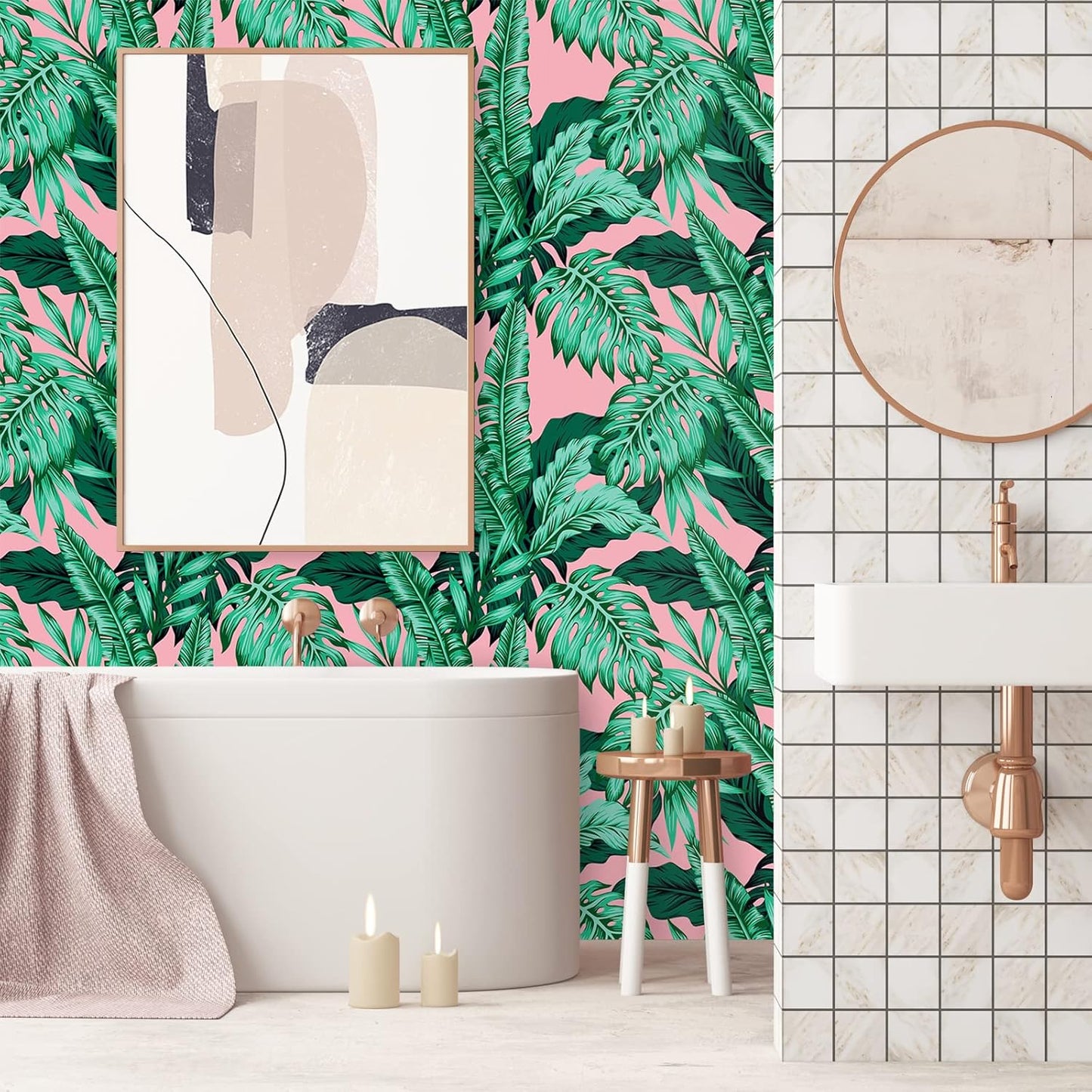 VEELIKE 17.7''x118'' Pink Tropical Wallpaper Peel and Stick Exotic Palm Leaves Wallpaper Mural Self Adhesive Pink Contact Paper Decorative Removable Wall Paper for Bedroom Bathroom Accent Walls Decor