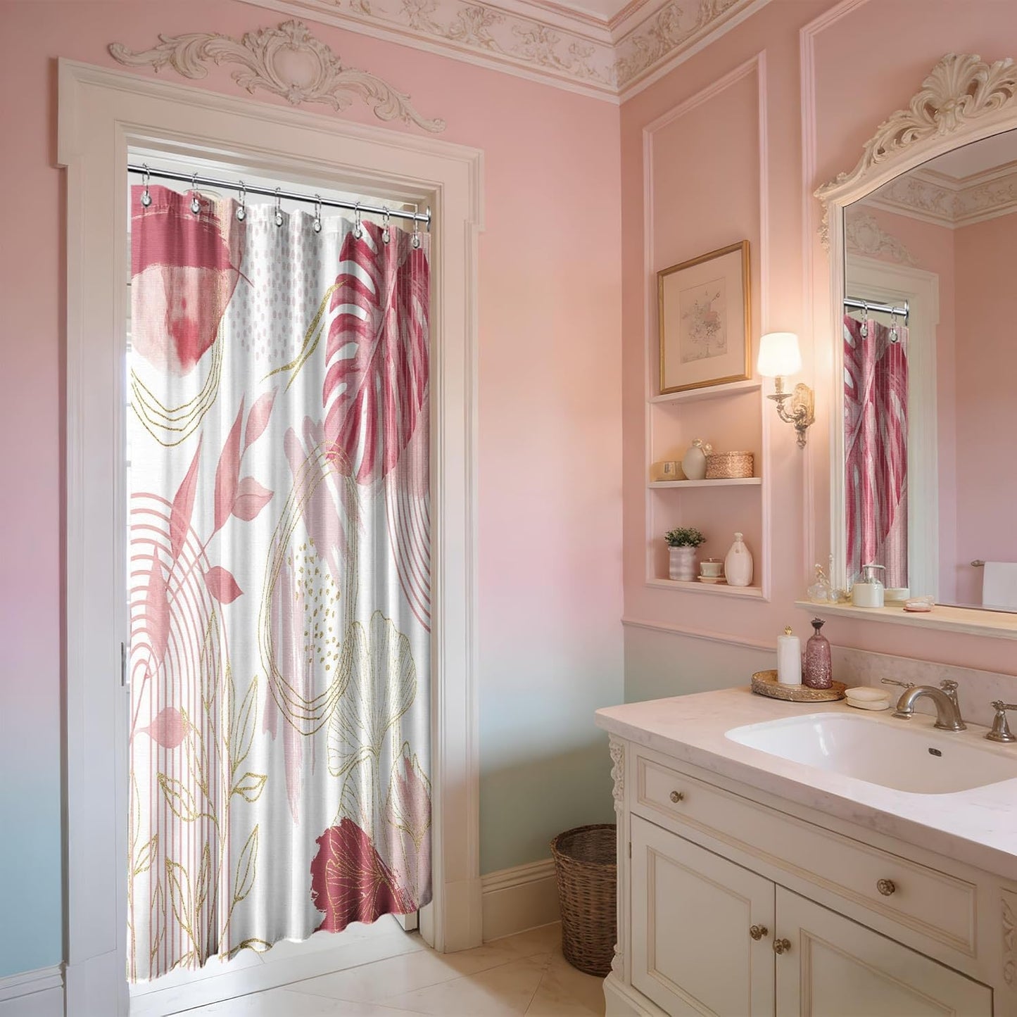 Light Pink and White Shower Curtain Girly Blush Pale Pink Mid Century Modern Shower Curtains for Girls Bathroom Decor, Waterproof Cloth Fabric with Hooks, 48" W x 72" L
