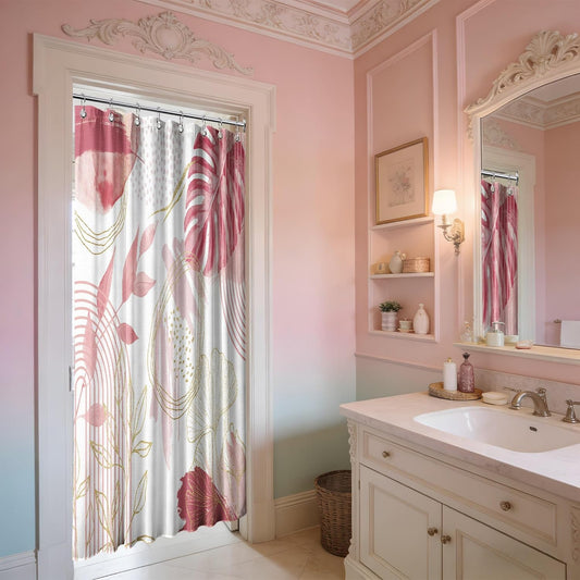 Light Pink and White Shower Curtain Girly Blush Pale Pink Mid Century Modern Shower Curtains for Girls Bathroom Decor, Waterproof Cloth Fabric with Hooks, 48" W x 72" L