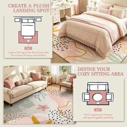 Lahome Pink Boho Living Room Rug 6x9, Washable Non Slip Soft Botanical Area Rug for Cozy Family Room Classroom Bedroom Home Decor