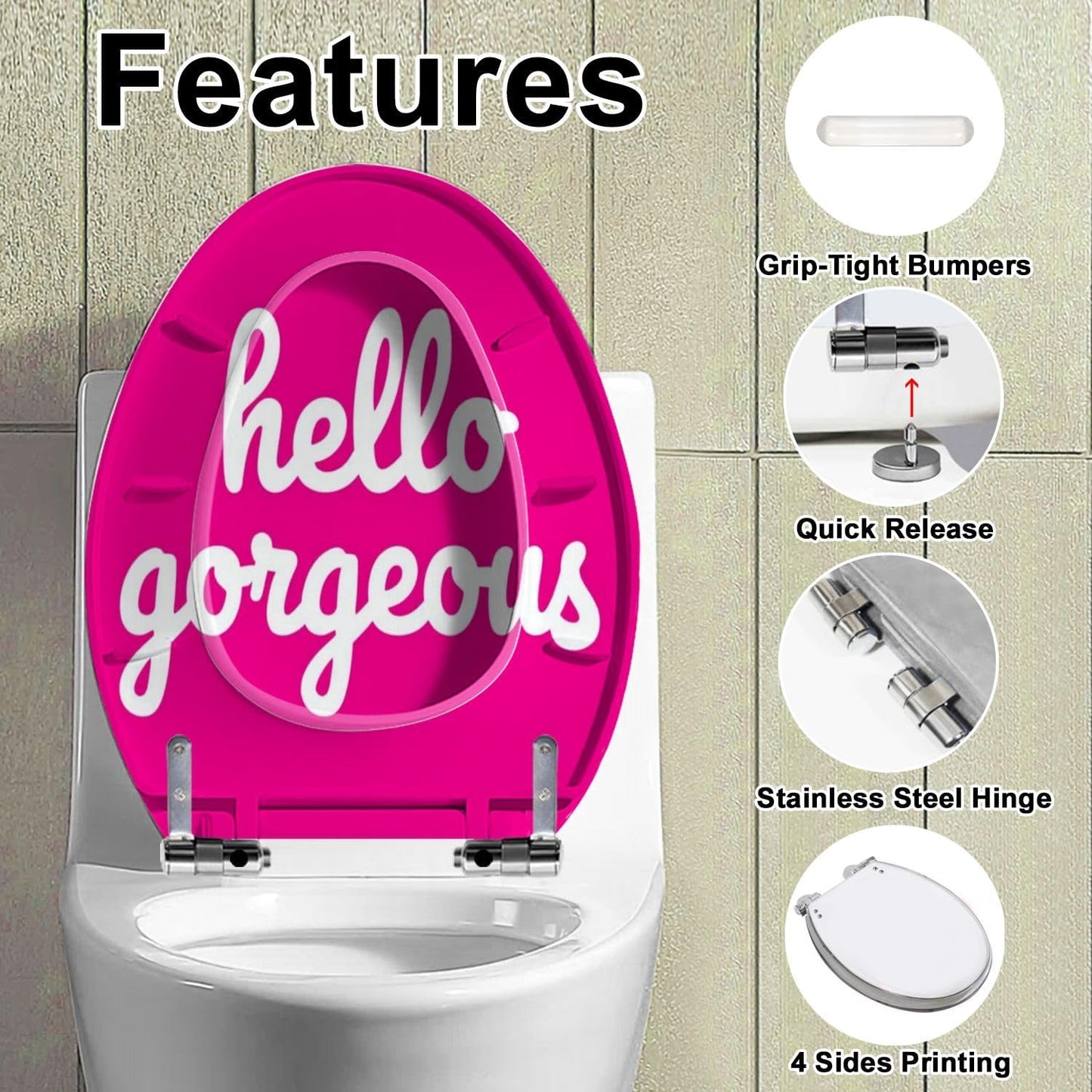 Elongated Toilet Seat Cherry Pink Hello Gorgeous Cute Preppy Hot Text Typography Bright Quiet Close Strong Stainless Steel Hinges Resin Toilet Seat Easy to Install Easy to Clean