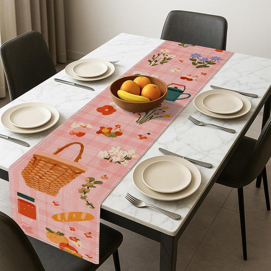 Floral Vintage Table Runner, Peach Basket Design Autumn Kitchen Dining Decor for Home Family Gatherings Holiday Celebrations 13x72 Inch