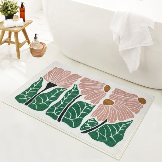 SHIYUE Cute Flower Bath Mat for Bathroom Rugs, Ultra Soft and Fluffy Microfiber Water Absorption Non Slip Mat for Bedroom Kitchen Bathroom Toilet Floors(18"×26" Pink)