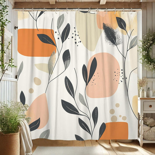 Abstract Shower Curtain, Modern Soft Peach Beige Leaf Bath Curtain for Bathroom Decor, Spring Summer Funky Minimalistic Waterproof Fabric Shower Curtain Set with Hooks 62x72 Inch