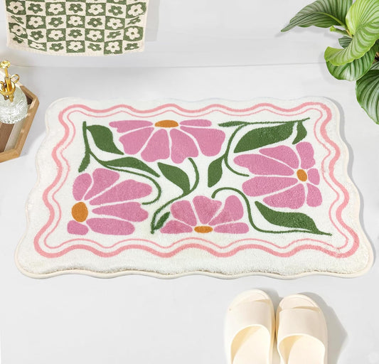 SHIYUE Cute Flower Bath Mat，Ultra Soft and Fluffy Microfiber Water Absorption Non Slip Mat for Bedroom Kitchen Bathroom Rug(18"×26" Pink)