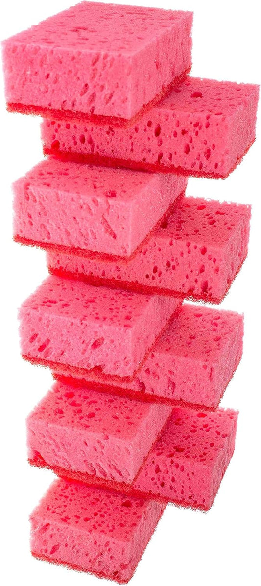 Pink Multi Use Scrub Sponges. Made in Europe. 9 Pack, 4.3x2.8x1.4 inches. Odorless Heavy Duty & Non Scratch Fiber. Durable and Delicate Scrubber for Kitchen & Bathroom, Housekeeping & Outdoors