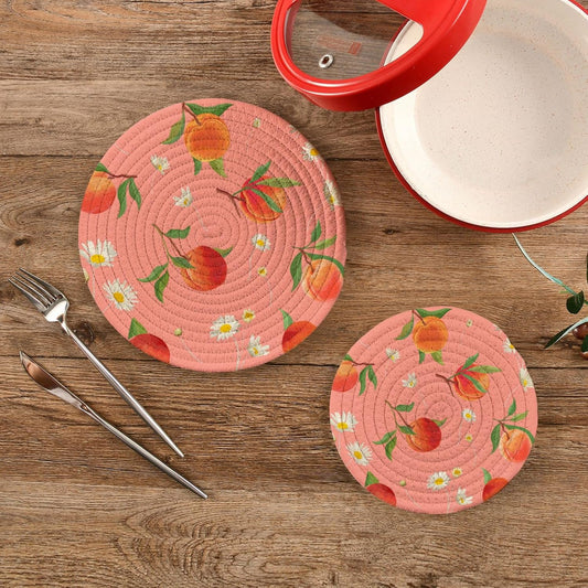 Kigai Vintage Multicolor Pattern in Turkish Style Round Cotton Trivets Pot Holders, Hot Pads Pure Cotton Stylish Coasters for Boho, Farmhouse, Kitchen Decor - 2pcs (Peach Pattern with Daisy)