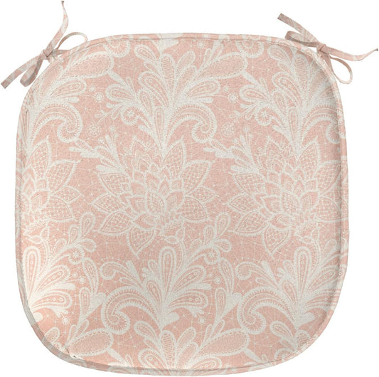 Lunarable Victorian Chair Seating Cushion Set of 2, Doodle Style Grunge Lace Style Ornamental Pattern Abstract Vintage Floral Motifs, Anti-Slip Seat Padding for Kitchen & Patio, 16"x16", Peach White