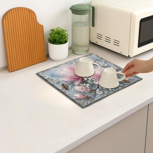 Peach Floral Dish Drying Mats for Kitchen Counter, Vintage Absorbent Dish Drainer Mat, Spring Rustic Microfiber Drying Pad for Coffee Bar Protector 16x18 Inch