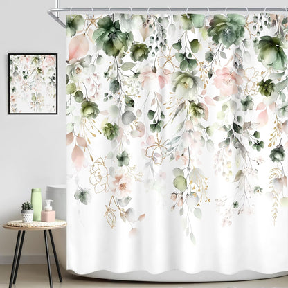 Green Pink Floral Flower Shower Curtain 72Wx72L Inch Spring Summer Rustic Eucalyptus Leaves Pastel Wildflower Plant Botanical Pretty Bathroom Set Bath Curtain Bathtub Accessories Home Decor