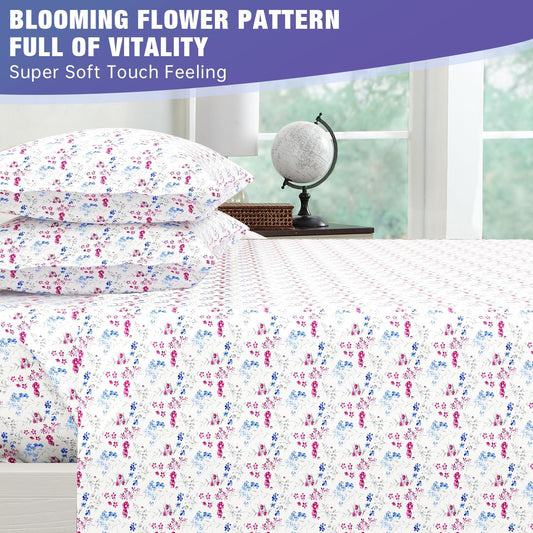 KACEMOO Floral Bed Sheets 4PC Printed Pink Flowers Sheet Set Cooling Soft Microfiber Boho Vintage Floral Sheets Queen Size Sheet Deep Pocket, Breathable, Wrinkle Free, Machine Washable Bedding Set