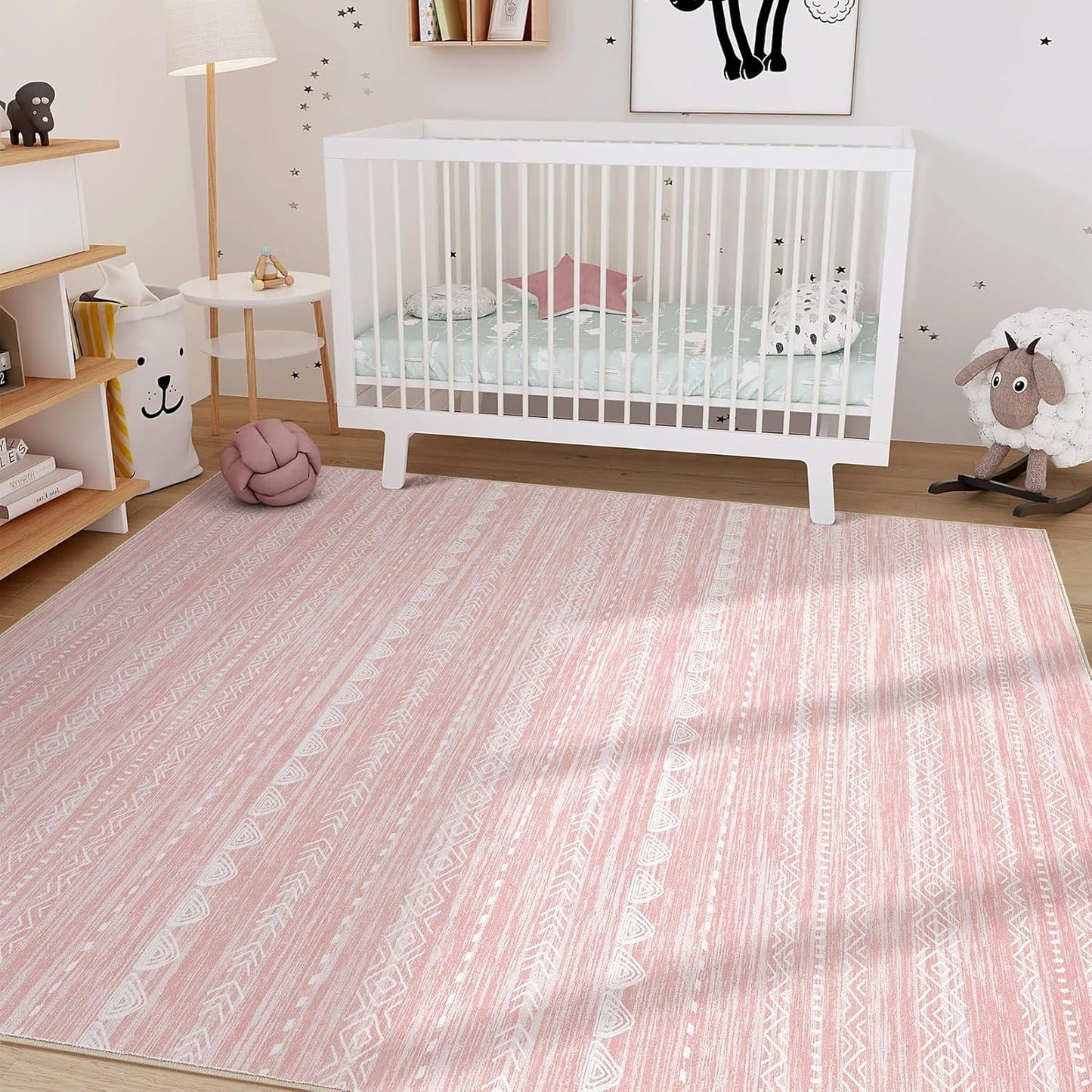 Nakagishi Pink Rugs for Bedroom Girls: 5x7 Washable Boho Large Neutral Area Rug Cute Soft Modern Indoor Floor Non Slip Accent Carpet for Living Room Nursery Kids Playroom Dorm Preppy Baby Room Decor
