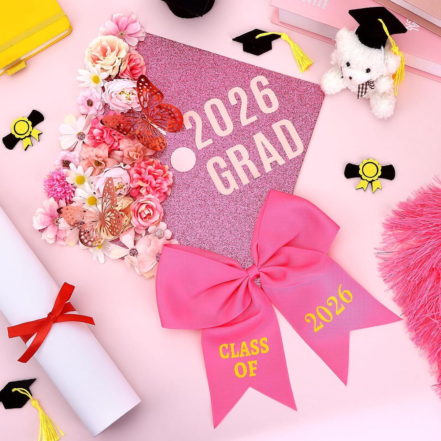 54 Pcs Pink DIY Graduation Cap Decorations Kit Include Faux Flower Pink Bow 3D Butterfly Alphabet Letter Sticker Rhinestones Sticker Glitter Paper Plush Strip for DIY Hat Grad Cap Topper Grad Party