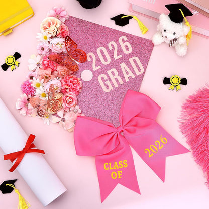 54 Pcs Pink DIY Graduation Cap Decorations Kit Include Faux Flower Pink Bow 3D Butterfly Alphabet Letter Sticker Rhinestones Sticker Glitter Paper Plush Strip for DIY Hat Grad Cap Topper Grad Party
