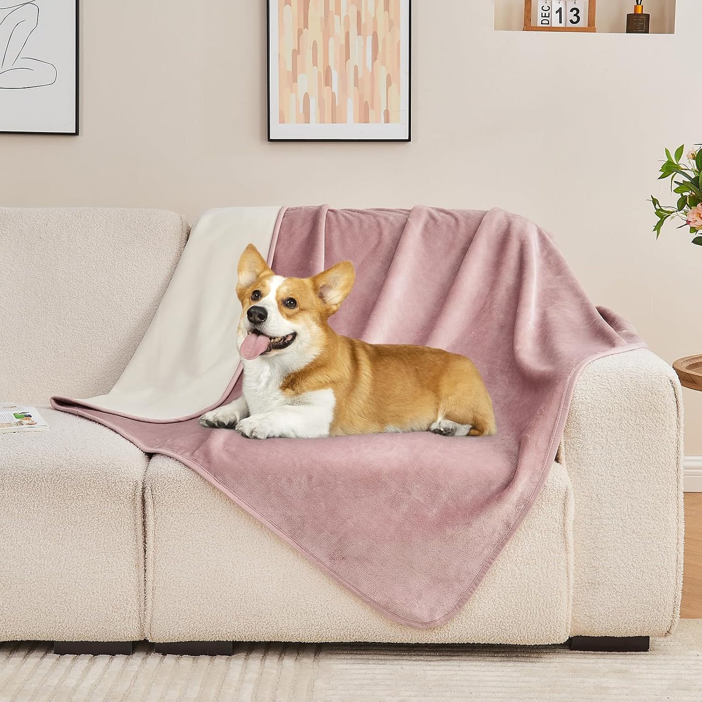 Waterproof Blanket 60"x80" for Adults, Reversible Waterproof Bed Cover for Dogs Cats Pets, Soft Leakproof Blanket for Bed Couch Sofa Furniture Protector, Dusty Pink/Off White