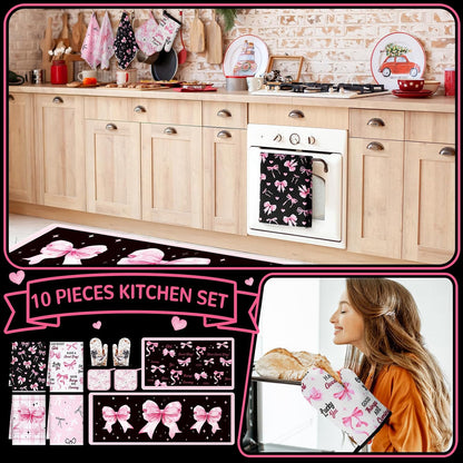 Fourluoo 10 Pcs Bow Kitchen Dish Towels Rugs Oven Mitts and Pot Holders Set Farmhouse Kitchen Decor Set for Women Mom Daughter Gift Cooking Baking Grilling(Black, Pink)
