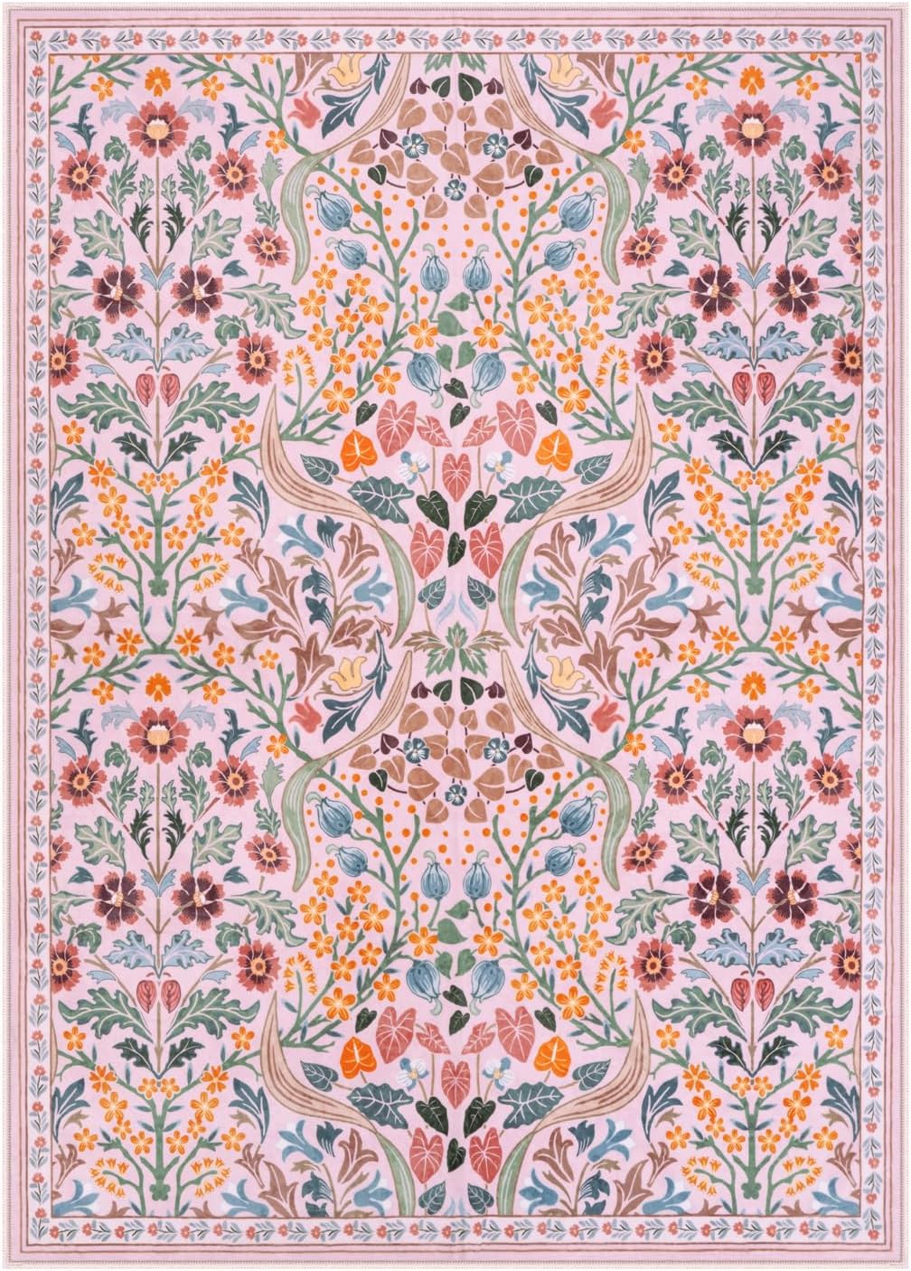 Moynesa Floral Washable Area Rug 5x7, Pink Rugs for Bedroom Soft Living Room Rug, Non Slip Ultra Thin Boho Rug for Nursery Flower Indoor Floor Carpet for Girls Room Dorm, Pink