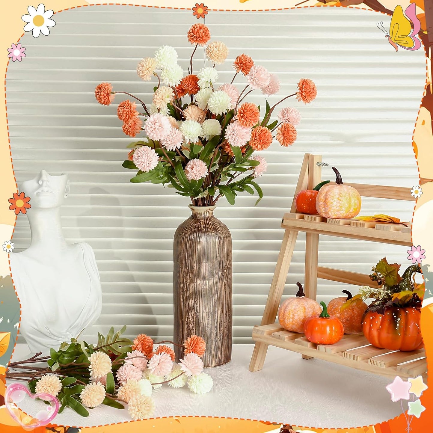 Artificial Flowers Fall Decor - 16 Bundles Faux Silk Mums UV Resistant Chrysanthemums Bouquet Kiku Flowers (16, White+Pink+Orange)
