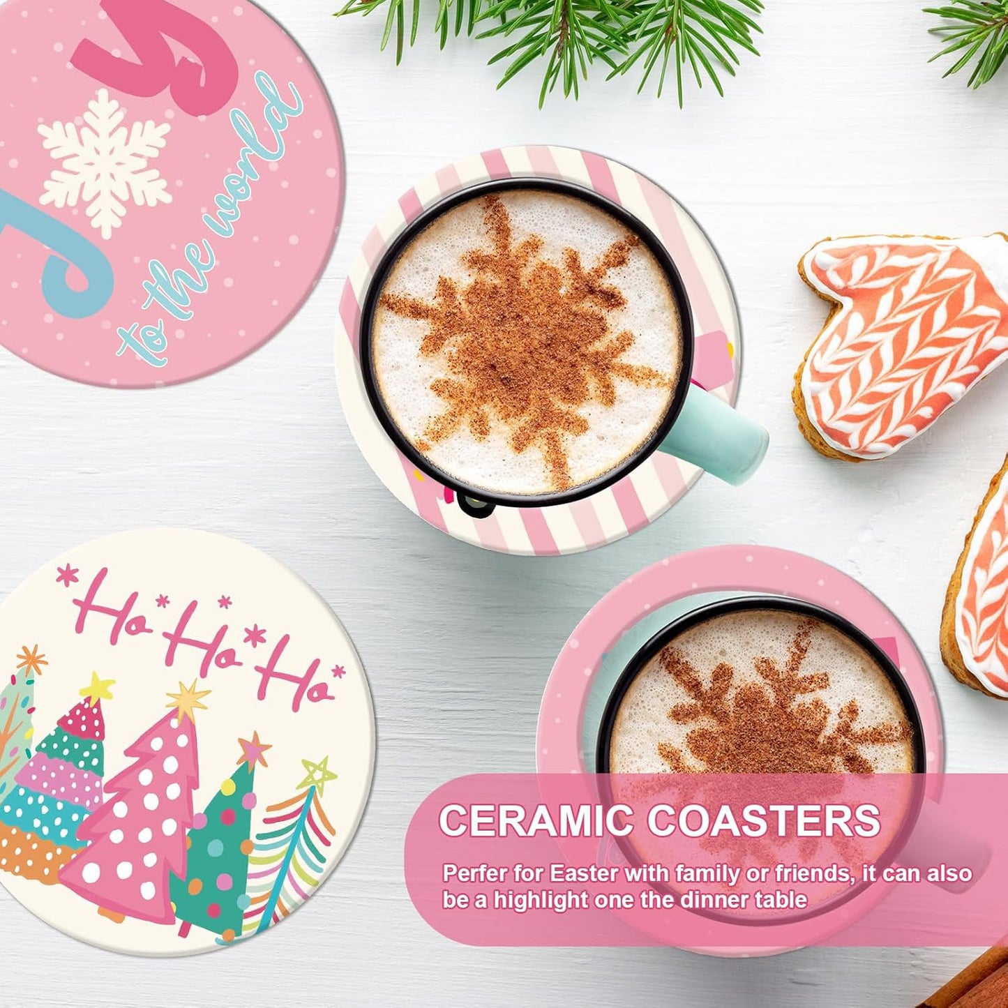 JarThenaAMCS 4Pcs Pink Christmas Cartoon Coasters Winter Snowflake Xmas Tree Truck Ceramic Coasters Absorbent Cup Mat for Mug Cup Home Kitchen Office Party Table Decor