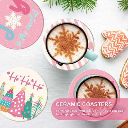 JarThenaAMCS 4Pcs Pink Christmas Cartoon Coasters Winter Snowflake Xmas Tree Truck Ceramic Coasters Absorbent Cup Mat for Mug Cup Home Kitchen Office Party Table Decor