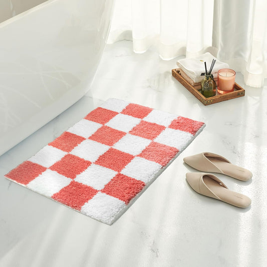Tititex Luxury Coral White Checkered Grid Bathroom Rug, 16"x24" Classic Checkerboard Extra Soft and Absorbent Microfiber Bath Rugs, Non-Slip Plush Shaggy Bath Carpet for Bathroom Floor