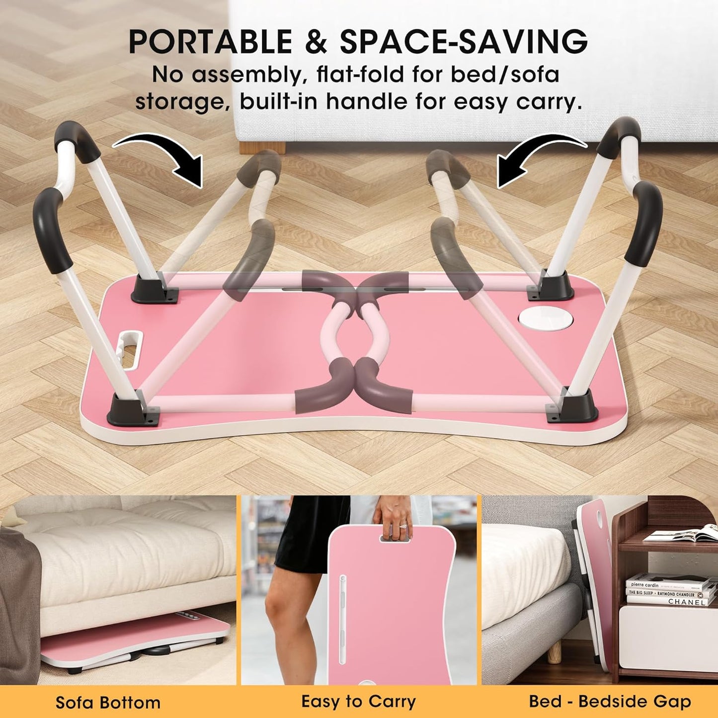 Folding Lap Desk, 23.6 Inch Wood Laptop Bed Desk with Cup Holder, Portable Bed Table for Working Writing Reading & Eating for Bed, Sofa, Couch, Floor - Pink