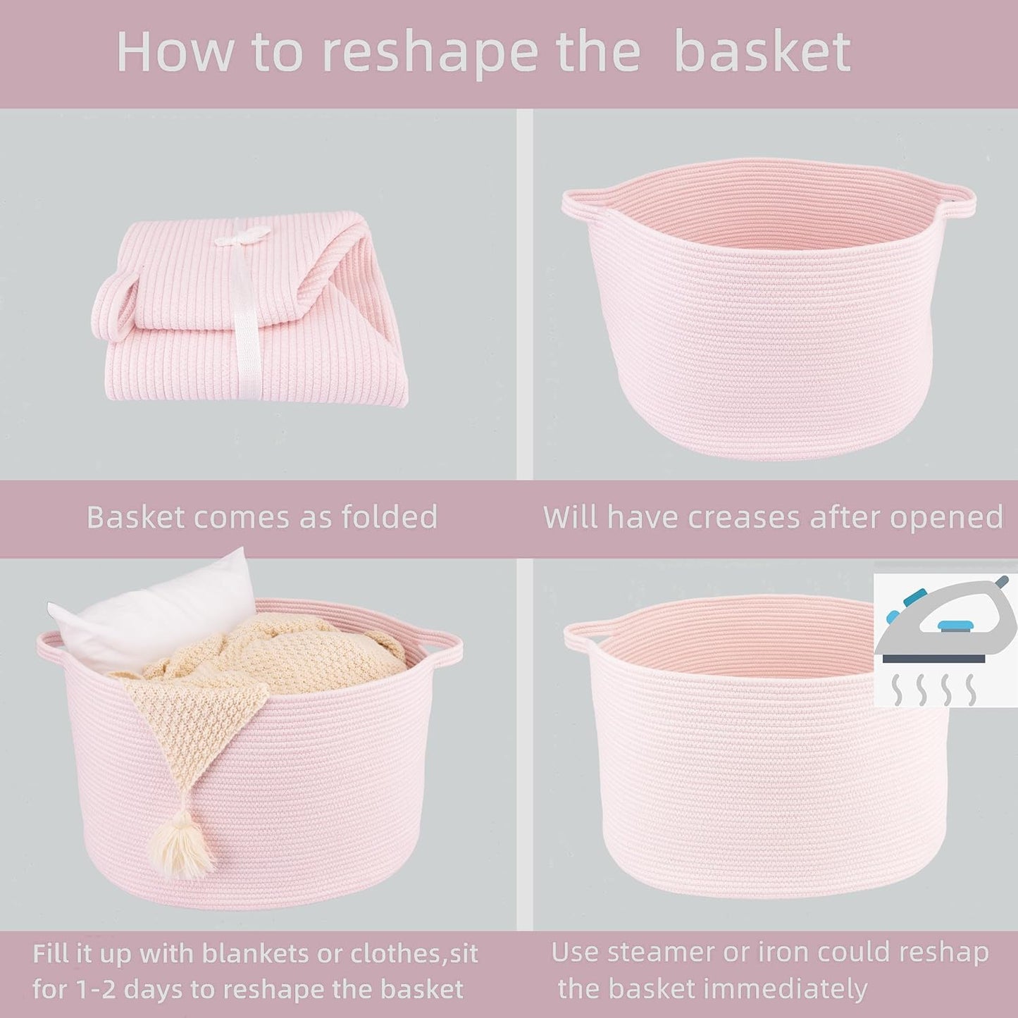 XUANGUO Extra Large Cotton Rope Basket Blankets Basket Living Room 22"x14" Toy Baskets for Kids Dogs Storage Baskets for Nursery Woven Laundry Baskets for Clothes Towels Baby Toy Storage Round pink