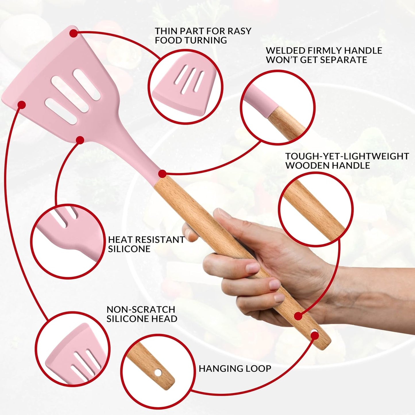 E-far Kitchen Utensils Set of 12, Silicone Cooking Utensils with Holder, Non-stick Cookware Friendly & Heat Resistant, Includes Spatula Tong Whisk Ladle Brush Slotted Turner Spoon(Pink)