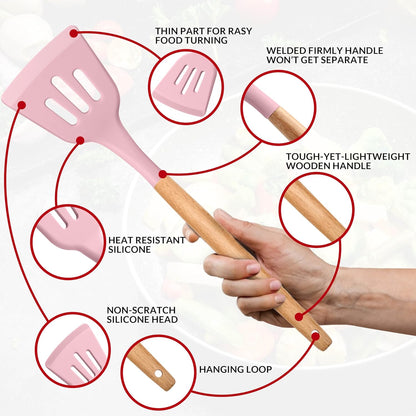 E-far Kitchen Utensils Set of 12, Silicone Cooking Utensils with Holder, Non-stick Cookware Friendly & Heat Resistant, Includes Spatula Tong Whisk Ladle Brush Slotted Turner Spoon(Pink)
