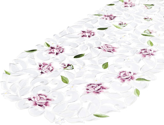 Light Pink Cut Work Roses on Ivory Fabric Table Runner, Dresser Scarf (14Wx54L)