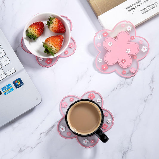 Conisy Flower Coasters for Drinks,6 Pcs Cute Non-Slip Washable Reusable Heat Resistant Silicone Coasters (Flower Pink)