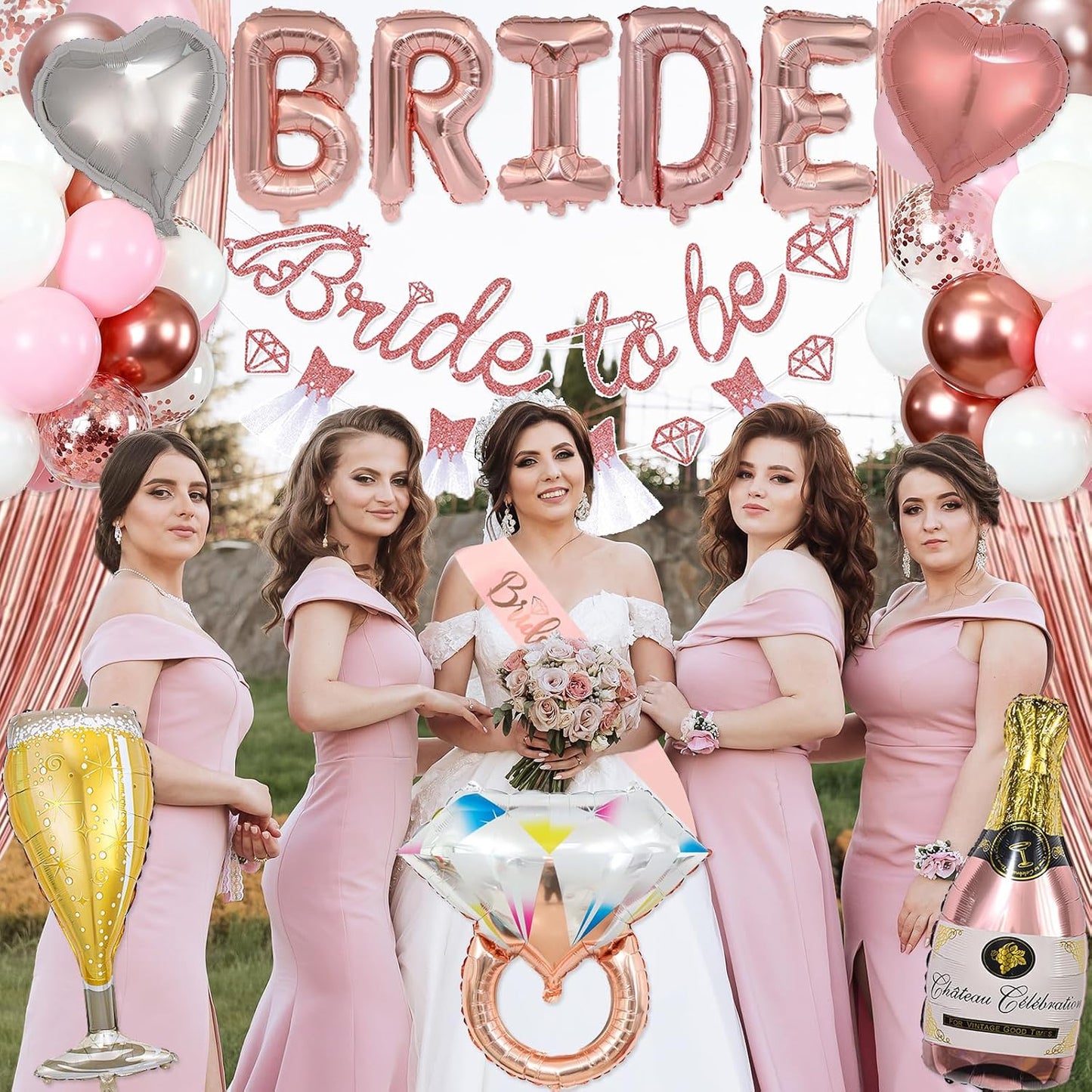 Pink Bachelorette Party Decorations, Rose Gold Bridal Shower Decorations, Bride to Be Banner, 32 inches BRIDE Balloons, Bridal Sash Veil, Fringe Curtains for Engagement Wedding Party Supplies