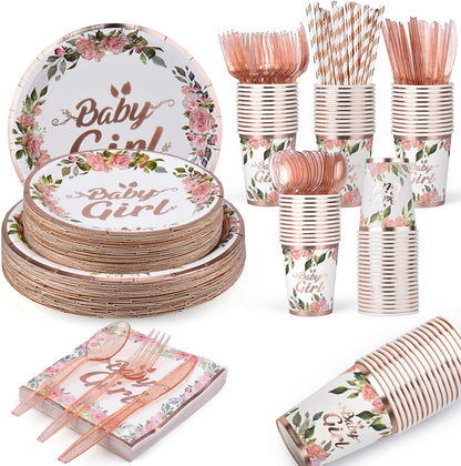 320 Pcs Rose Gold Baby Shower Decorations Set for 40 Guests, Baby Girl Shower Party Supplies Tableware Includes Plates and Cups and Napkins Straws Sets (40)