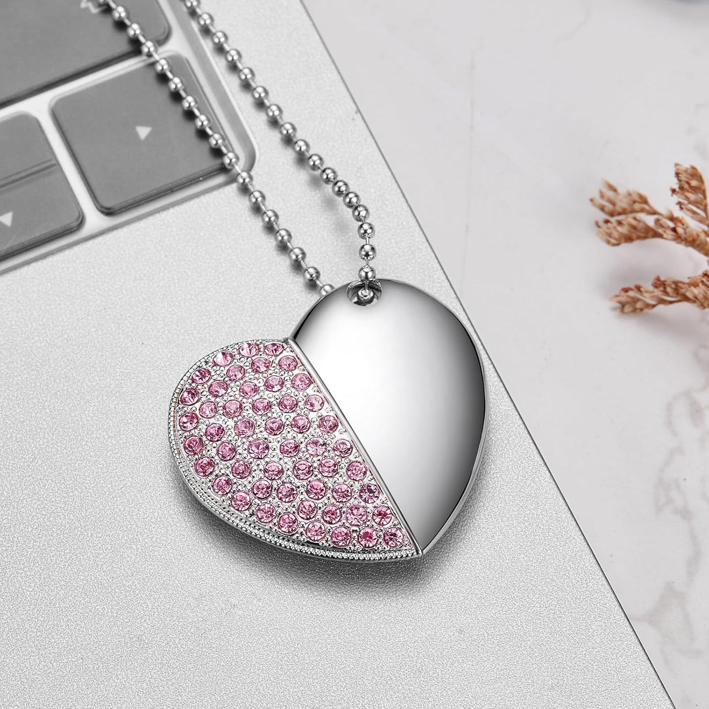 USB Flash Drive, 16GB/32GB/64GB/128GB USB2.0 Heart Shape Memory Stick Date Storage Pendrive Thumb Drives with Chain（64GB,Pink Heart
