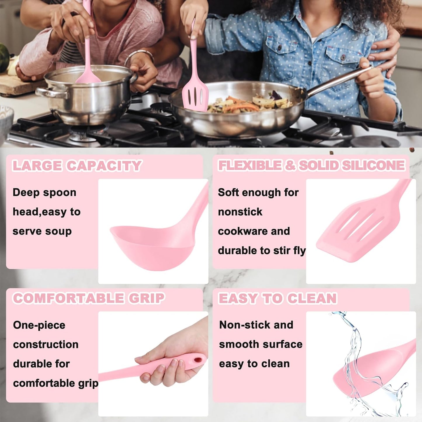 E-far Pink Silicone Cooking Utensils Set, 10-Piece Kitchen Utensil Set for Nonstick Cookware, Silicone Kitchen Tools with Spatula Turner Spoon Tongs Whisk, Heat Resistant & Non-Toxic, Dishwasher Safe
