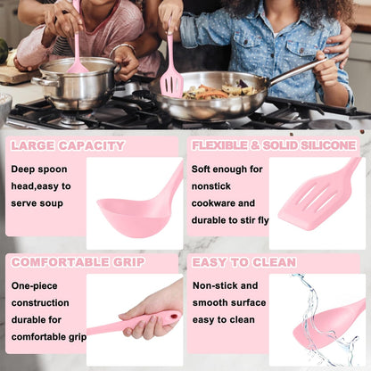 E-far Pink Silicone Cooking Utensils Set, 10-Piece Kitchen Utensil Set for Nonstick Cookware, Silicone Kitchen Tools with Spatula Turner Spoon Tongs Whisk, Heat Resistant & Non-Toxic, Dishwasher Safe